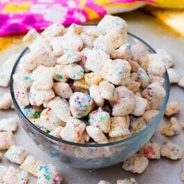 cupcake puppy chow in a glass bowl