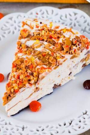slice of peanut butter ice cream pie on a white plate