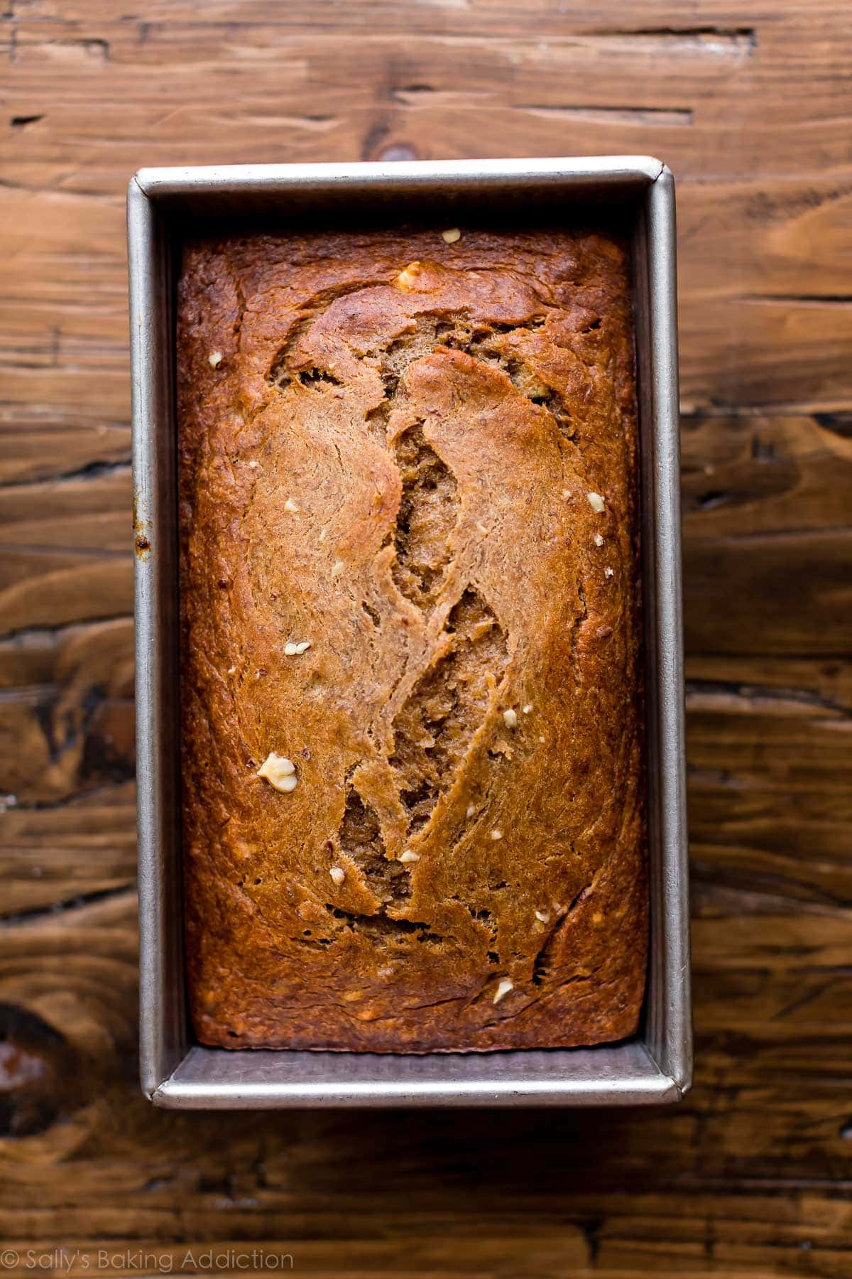 baked banana bread in a loaf pan