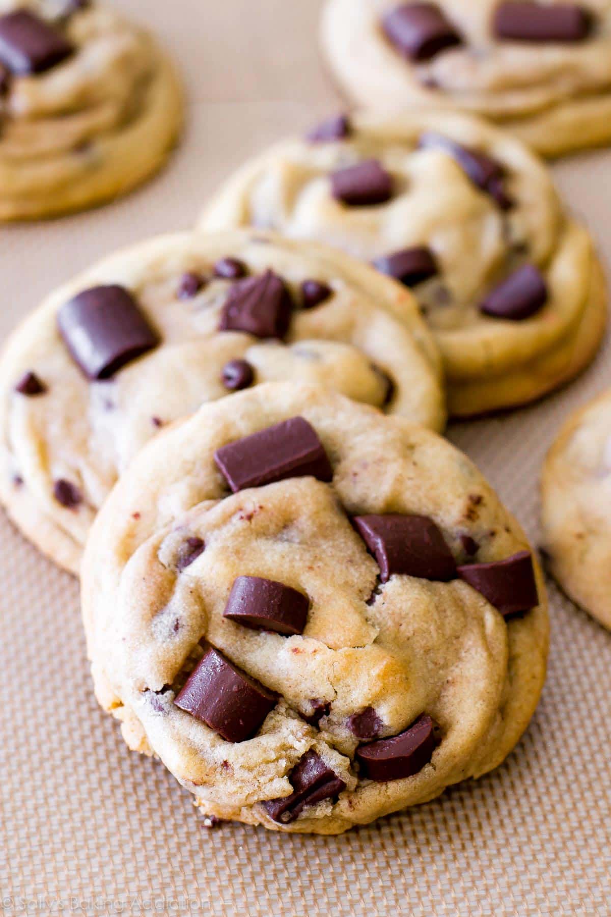 Chocolate chip cookies on baking sheet