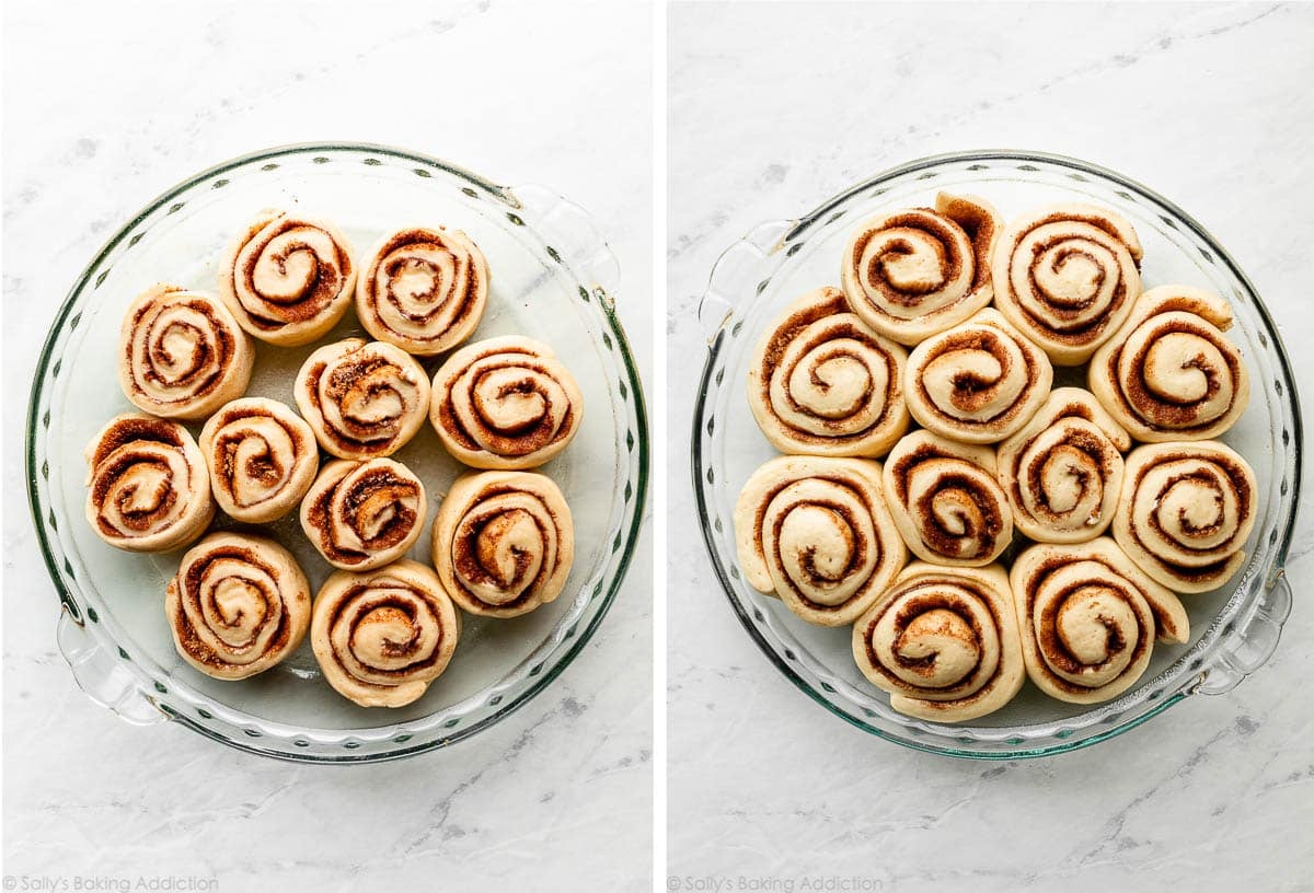 cinnamon rolls before and after rising in glass dish.
