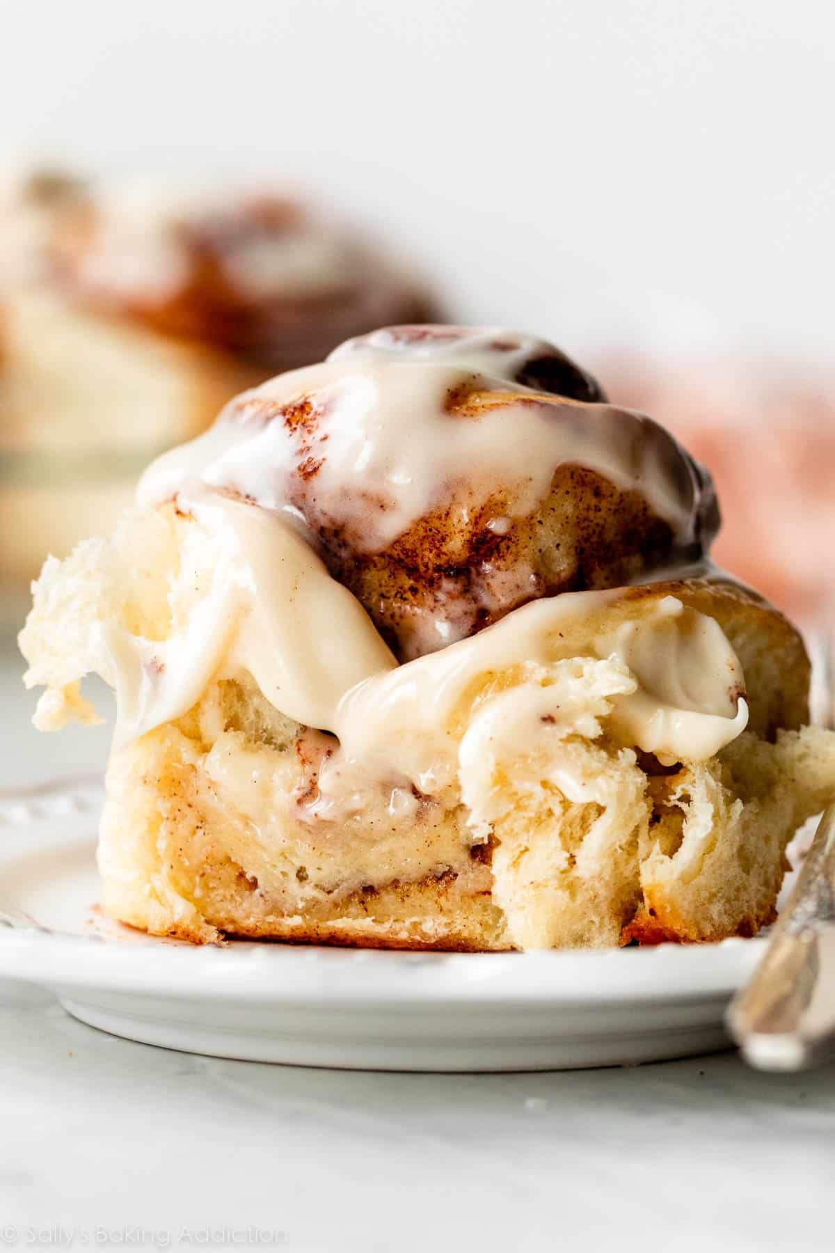 close-up photo of gooey cream cheese icing-topped cinnamon roll.