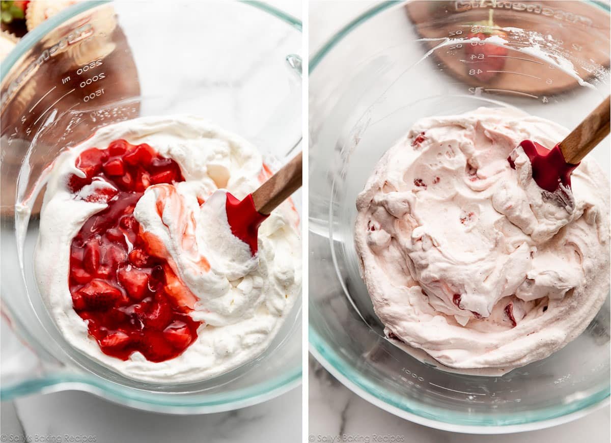 strawberry filling sauce and whipped cream in bowl, then shown again mixed together.