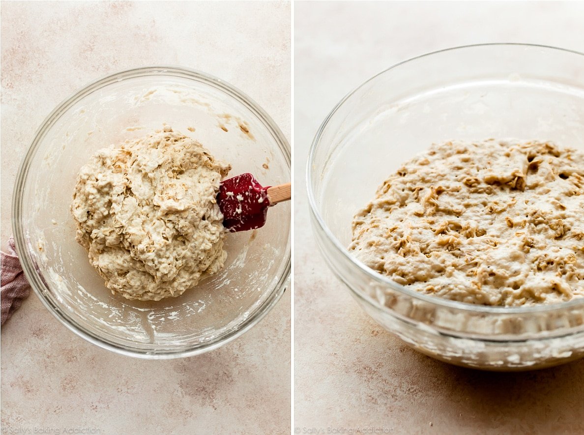 oat bread dough in glass bowl before and after rising