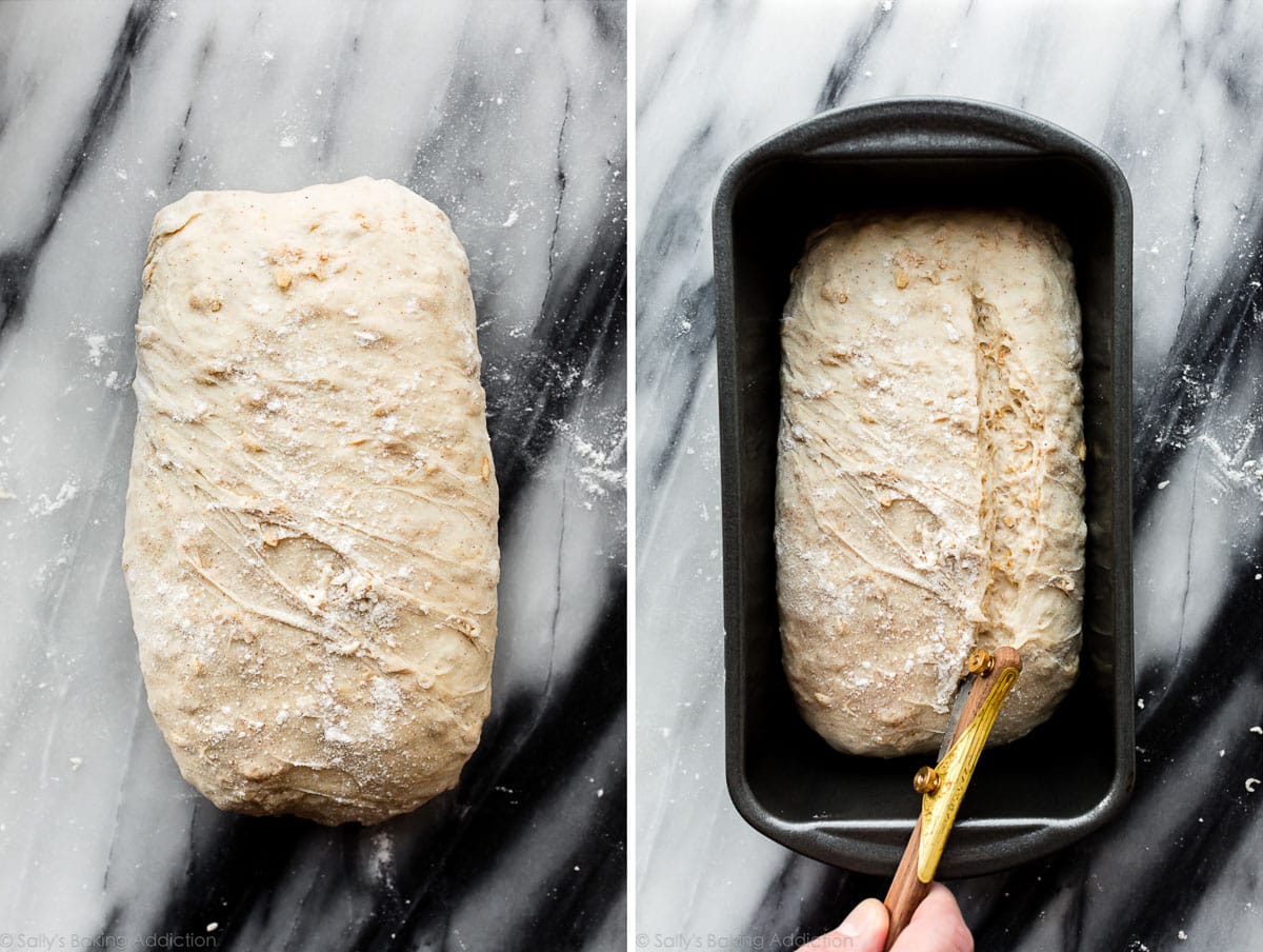 honey oat bread dough shaped as loaf and scored with a slit on top
