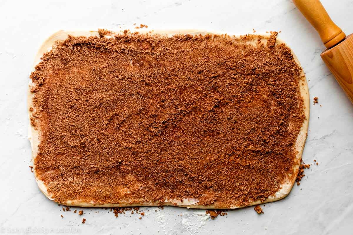 rectangle shape of dough with cinnamon sugar mixture sprinkled on top.