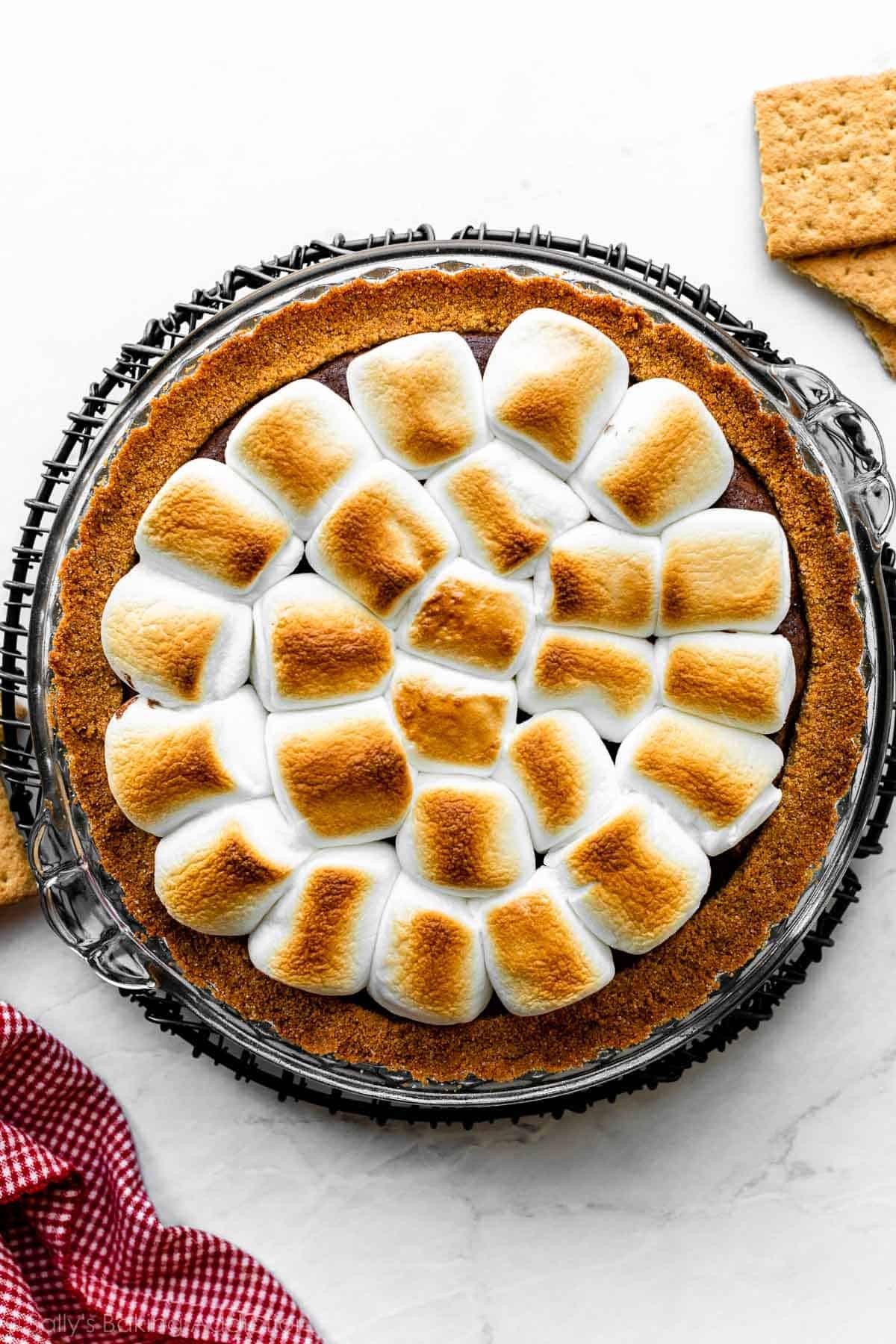 toasted marshmallow topped brownie pie in graham cracker crust.