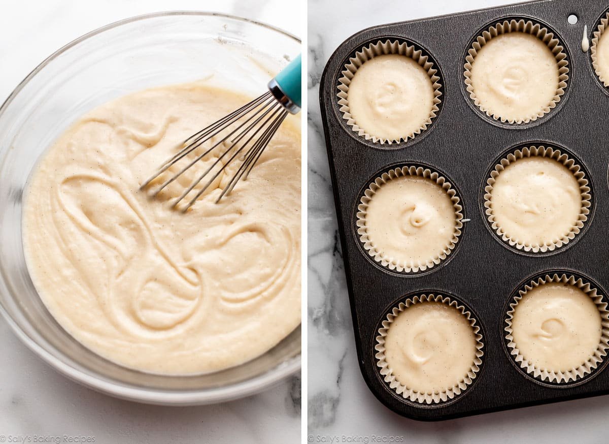 vanilla bean cupcake batter in bowl and shown again in cupcake pan.