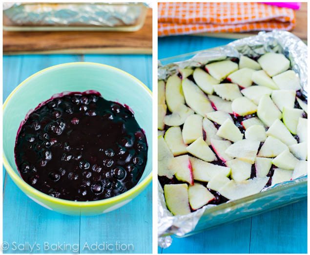 2 images of blueberry filling in a bowl and blueberry and apple filling in a baking dish