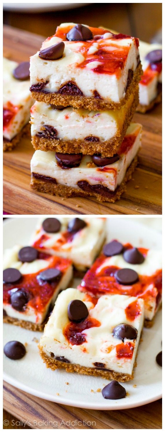 2 images of strawberry chocolate chip cheesecake bars