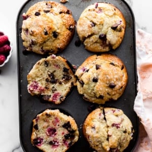 raspberry chocolate chip muffins in a jumbo muffin pan