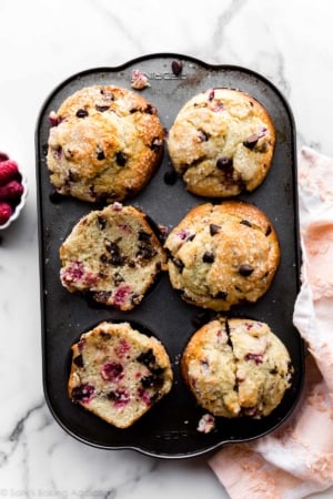 raspberry chocolate chip muffins in a jumbo muffin pan