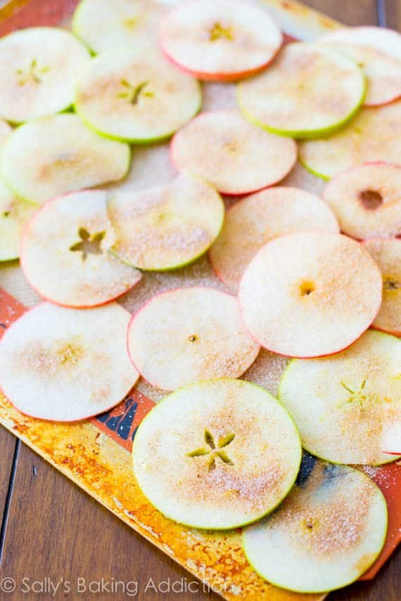cinnamon apple chips on a silpat baking mat before baking