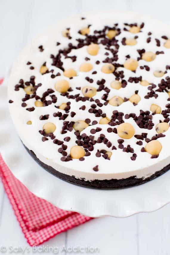 chocolate chip cookie dough ice cream pie on a white cake platter