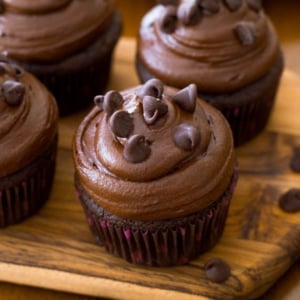 chocolate cupcakes topped with dark chocolate frosting and chocolate chips on a wood board