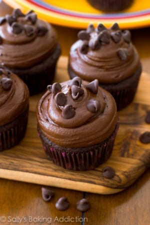 chocolate cupcakes topped with dark chocolate frosting and chocolate chips on a wood board