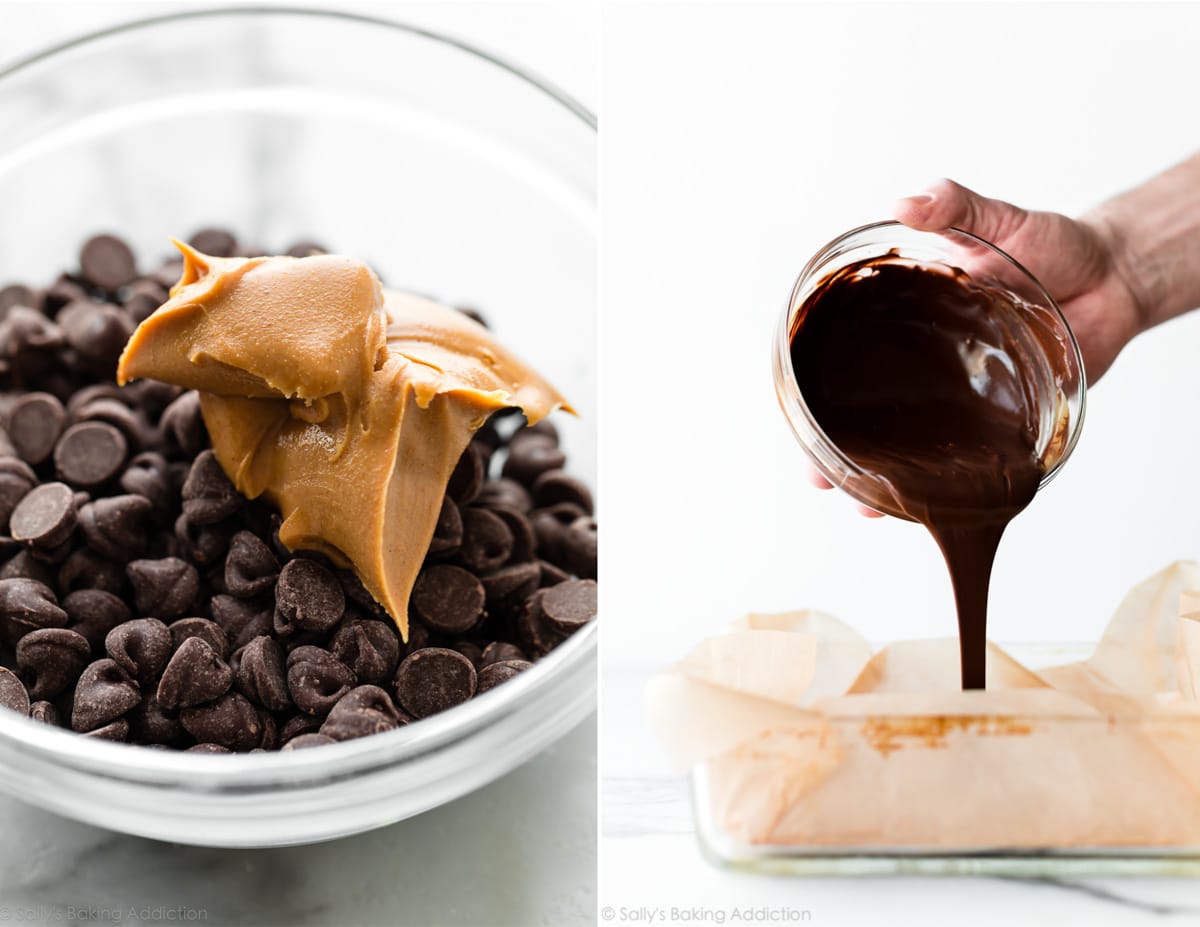 2 images of chocolate chips and peanut butter in a glass bowl and pouring melted chocolate peanut butter mixture into pan
