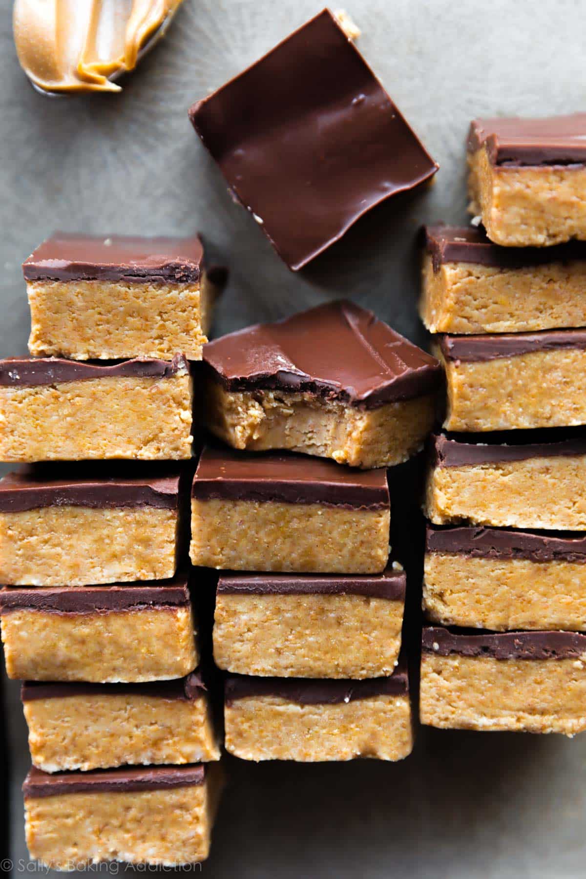 Overhead photo of no bake chocolate peanut butter bars