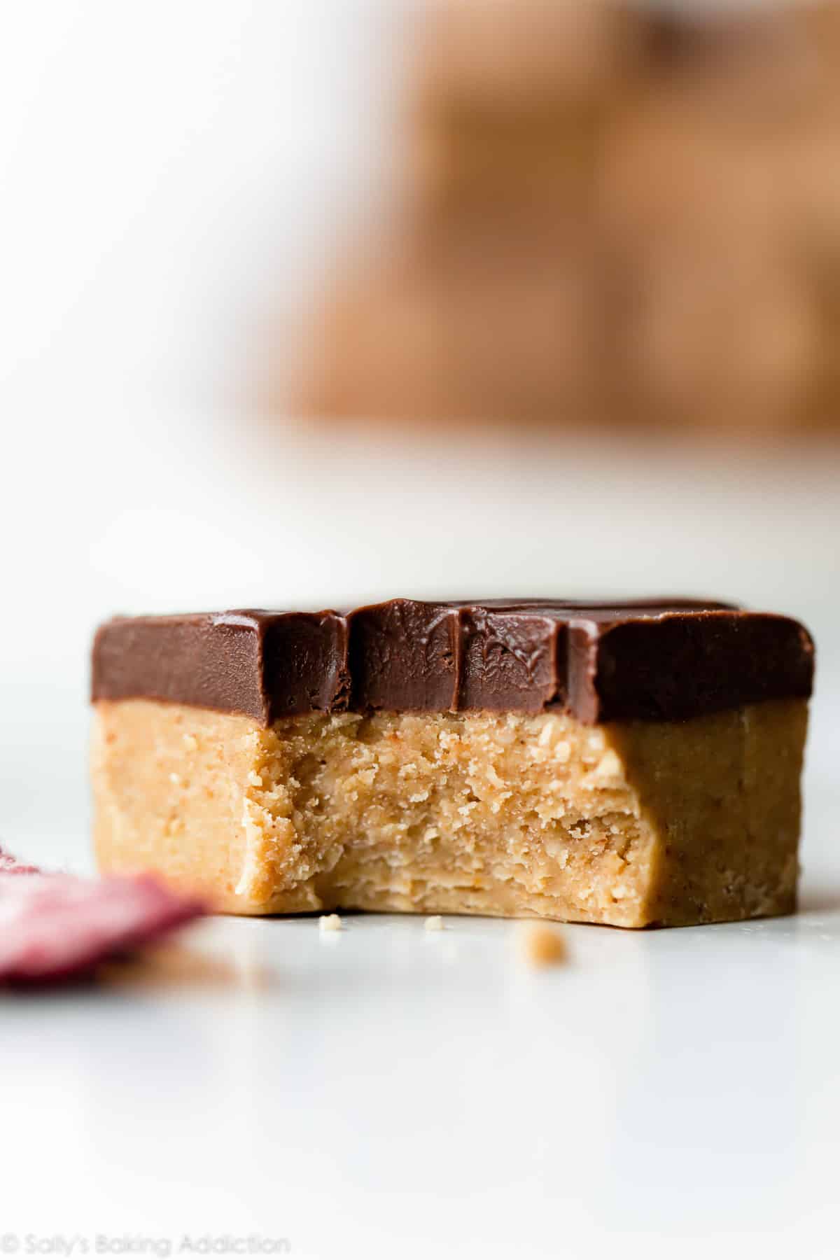 No bake peanut butter bar with bite out of it