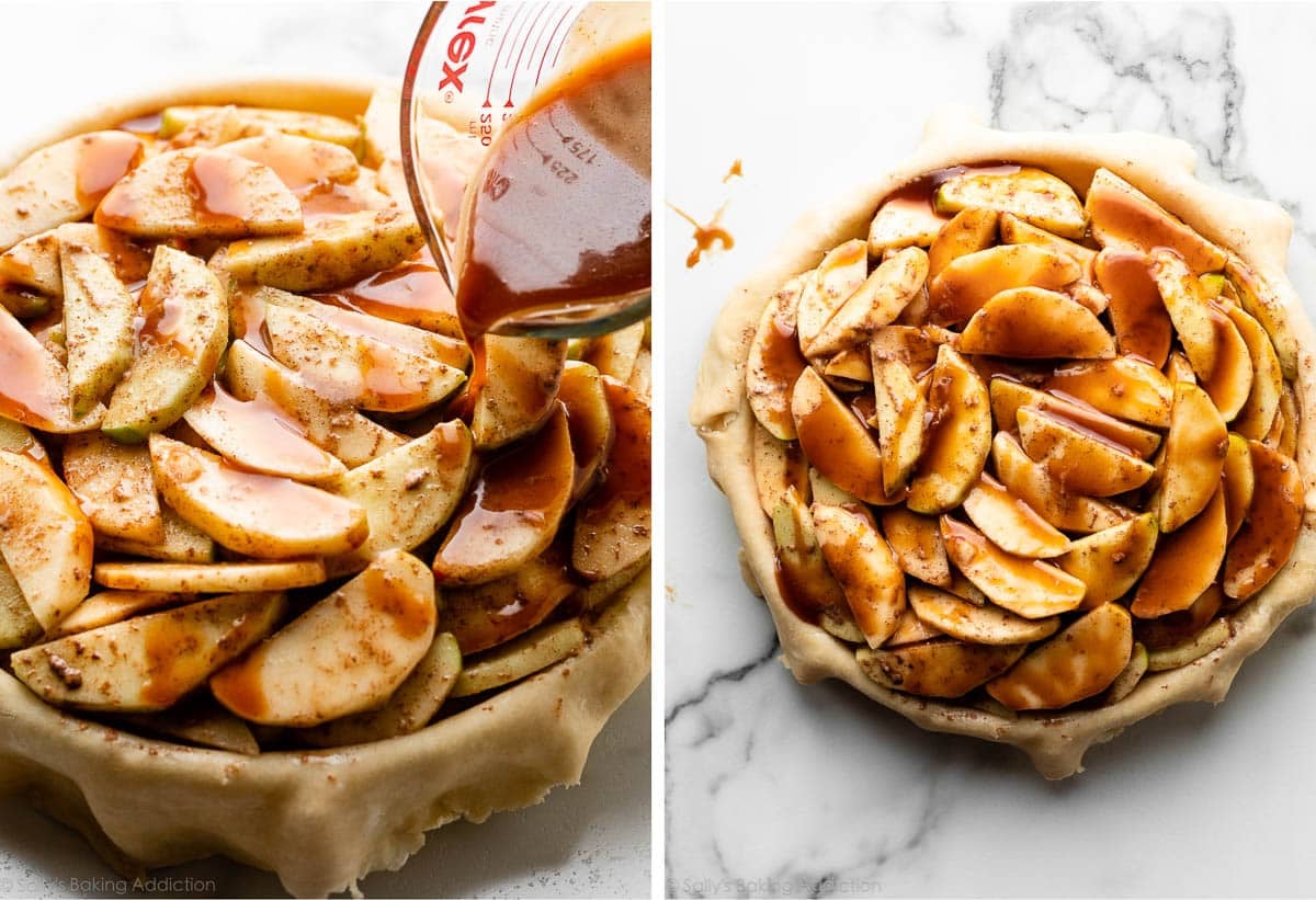 pouring caramel sauce on top of apples inside bottom pie crust.
