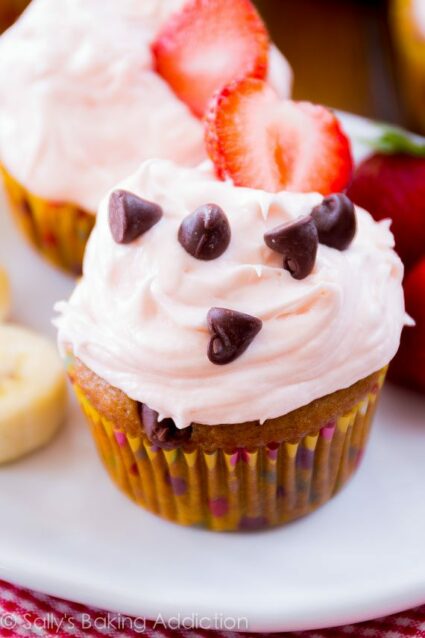 Banana Chocolate Chip Cupcakes with Strawberry Cream Cheese Frosting