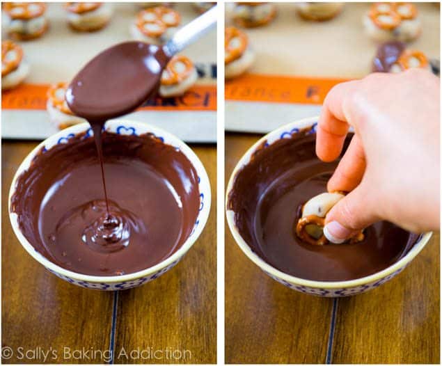 2 images of melted chocolate in a bowl with a spoon and a hand dipping a cookie dough pretzel bite into melted chocolate