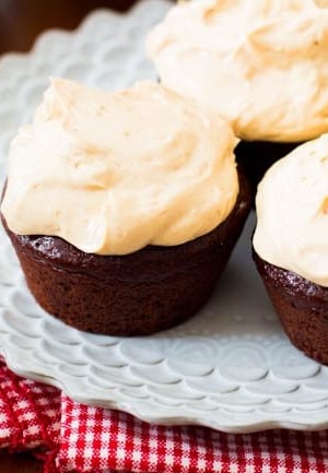 chocolate cupcakes topped with peanut butter Greek yogurt frosting on a white plate