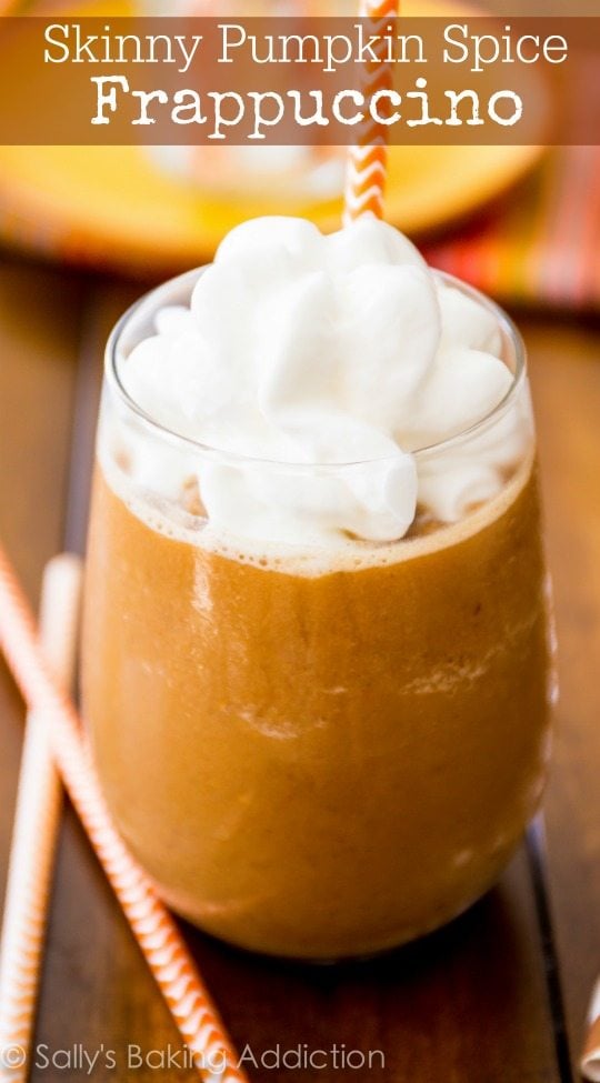 Skinny Pumpkin Spice Frappuccino with only 67 calories. You're saving a TON of money and calories making it at home! Recipe at sallysbakingaddiction.com