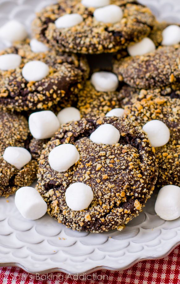 s'mores chocolate crinkle cookies on a white plate