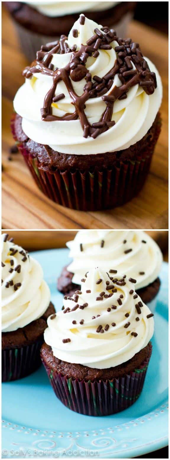 2 images of chocolate cupcakes topped with white chocolate frosting and chocolate sprinkles