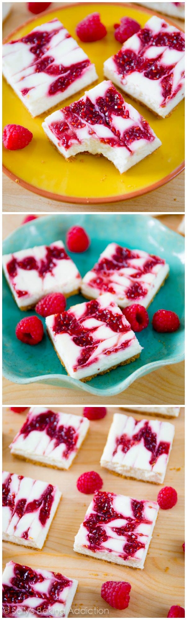 3 images of raspberry swirl cheesecake bars