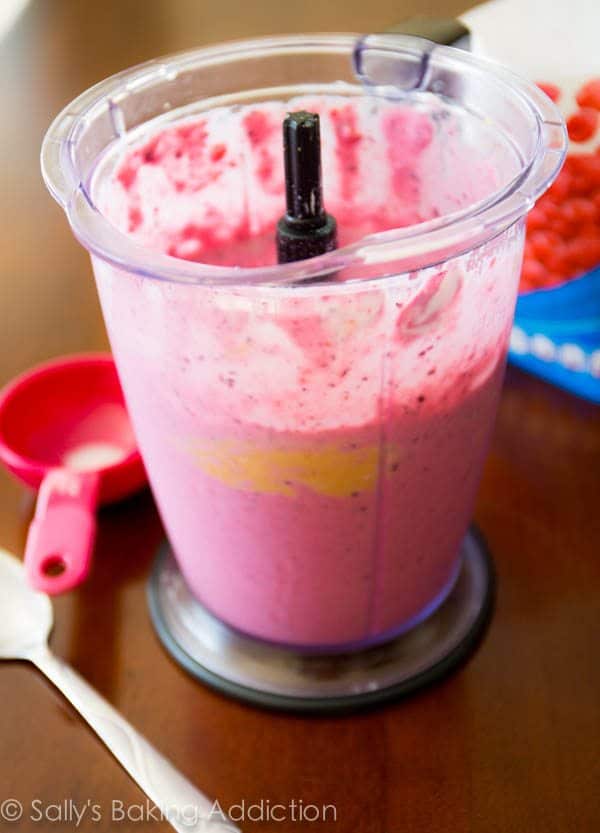 peanut butter and jelly smoothie in a blender