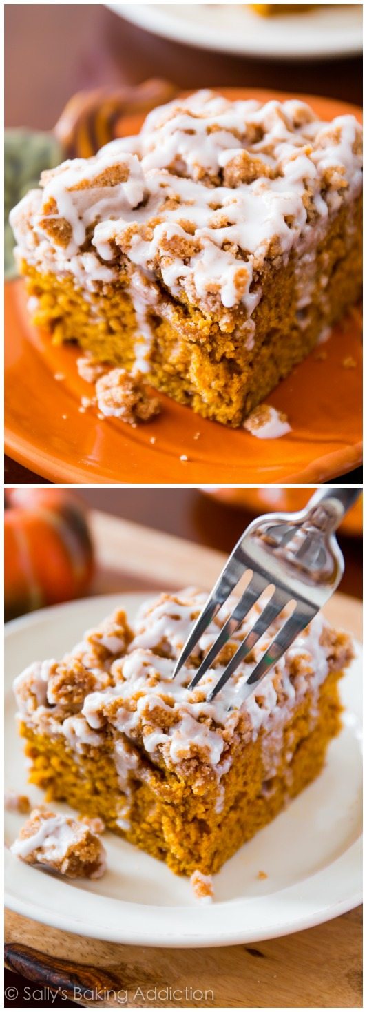 Iced Pumpkin Coffee Cake - super moist, bursting with fall spices, and easy to make! Recipe by sallysbakingaddiction.com