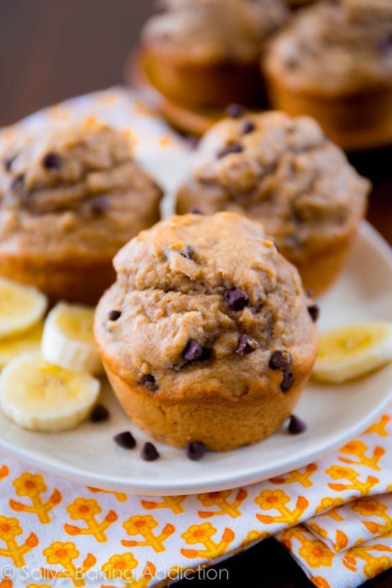 peanut butter banana muffins on a white plate