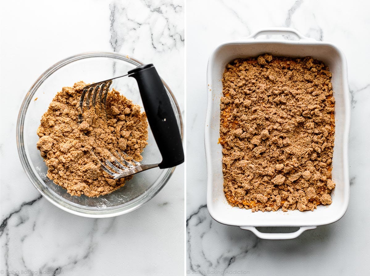 crumb topping shown in bowl and on top of cake before baking
