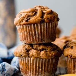 stack of two peanut butter banana muffins.