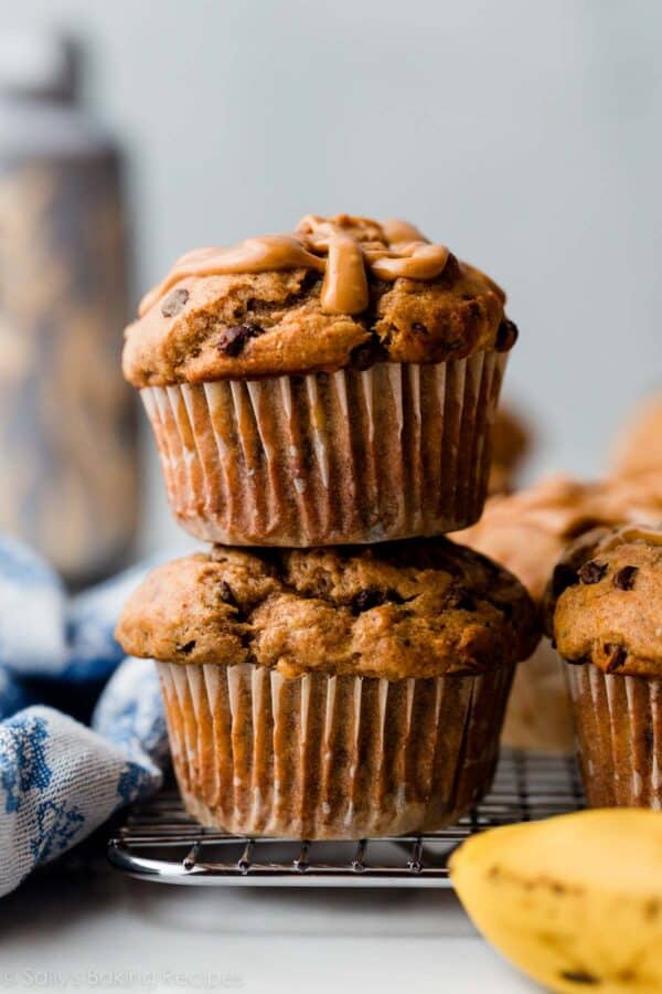 stack of two peanut butter banana muffins.