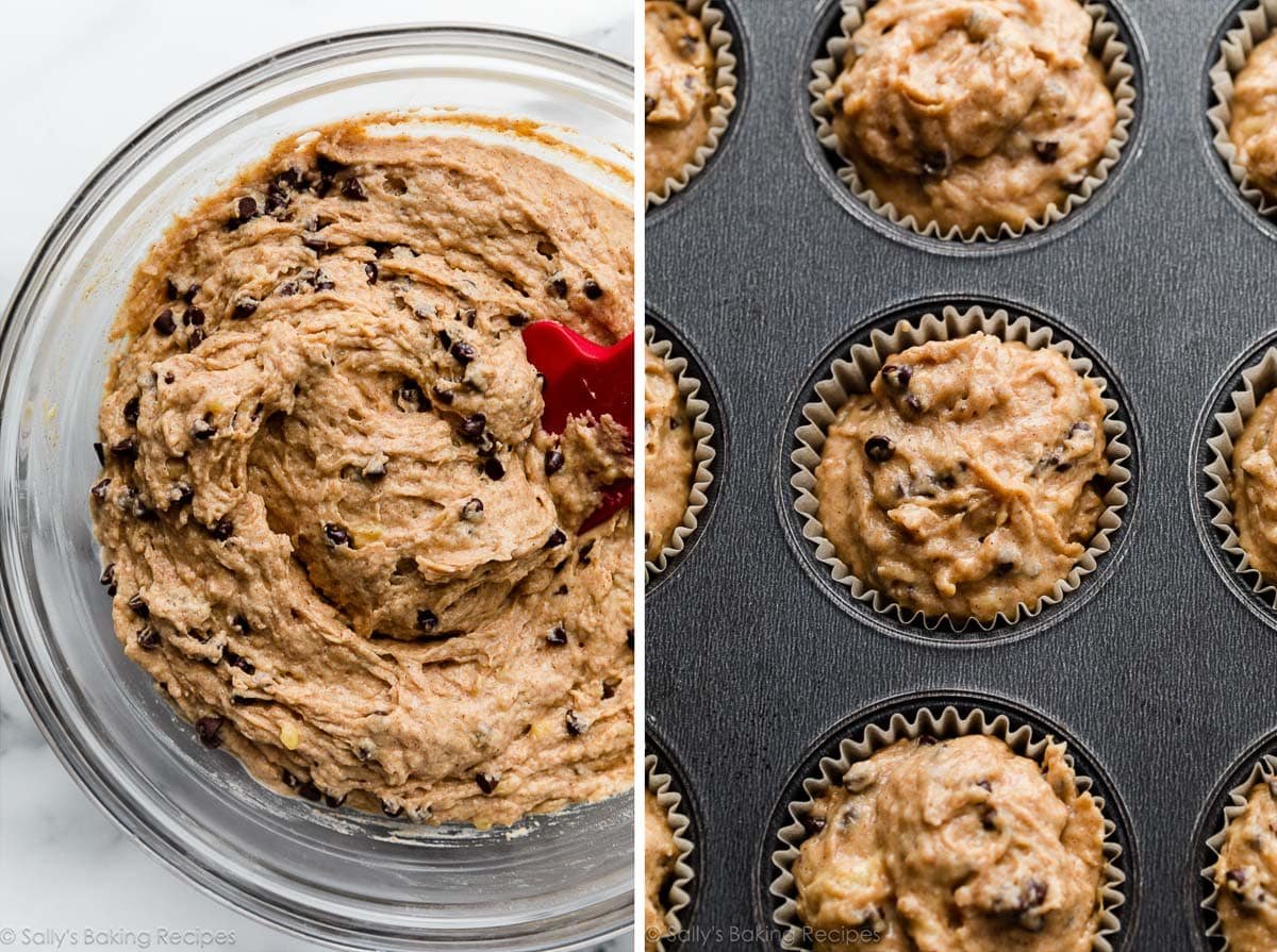 peanut butter muffin batter in bowl and in muffin pan.