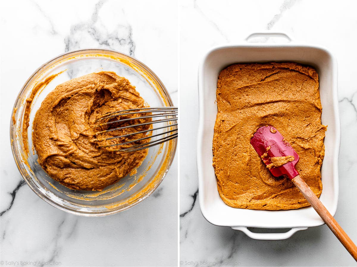 pumpkin cake batter in bowl and in white baking dish