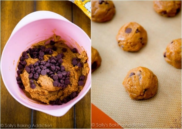 2 images of pumpkin chocolate chip cookie dough in a bowl and as cookie dough balls on a baking sheet
