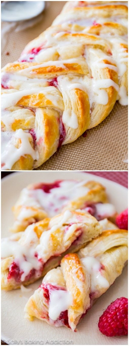two images of raspberry pastry braid