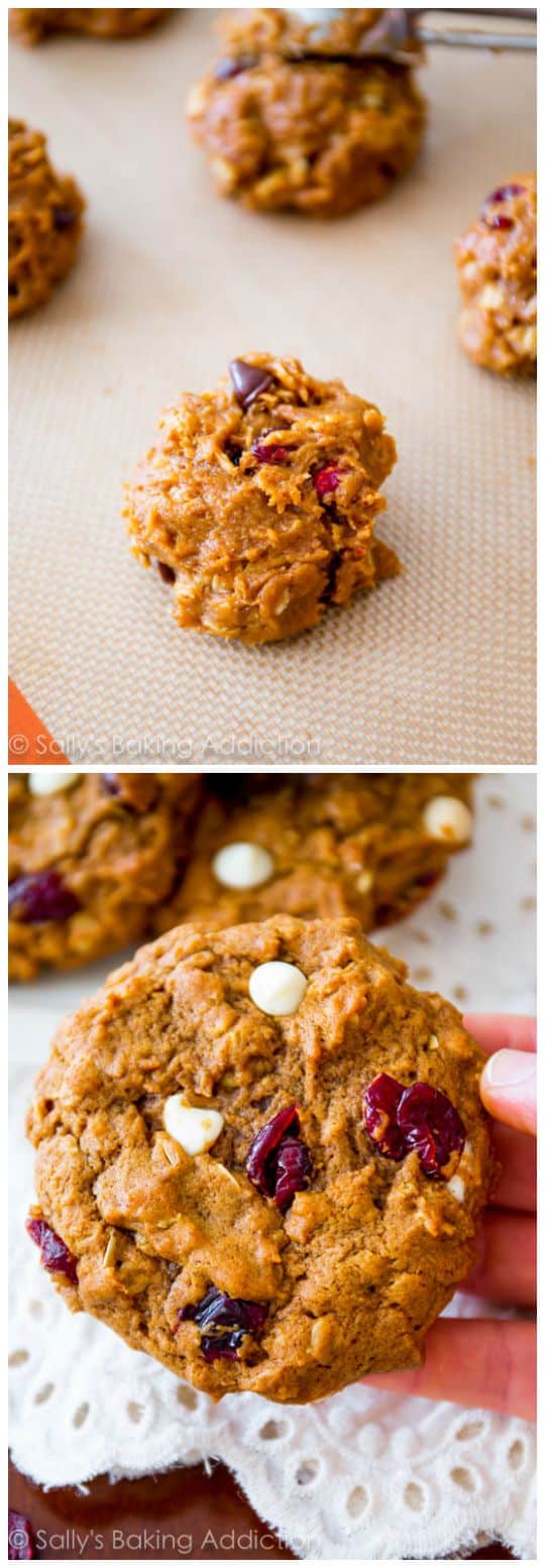 2 images of pumpkin oatmeal cookie dough on a silpat baking mat and a hand holding a pumpkin oatmeal cookies
