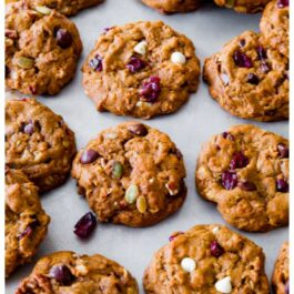 3 images of pumpkin oatmeal cookies including cookie dough and baked cookies