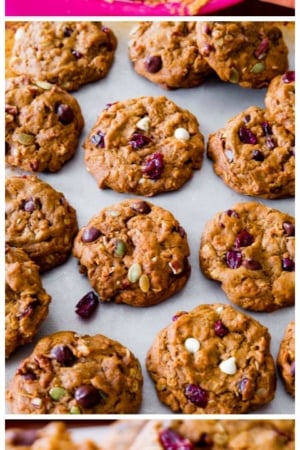 3 images of pumpkin oatmeal cookies including cookie dough and baked cookies