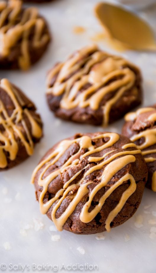 chocolate cookies with peanut butter drizzle
