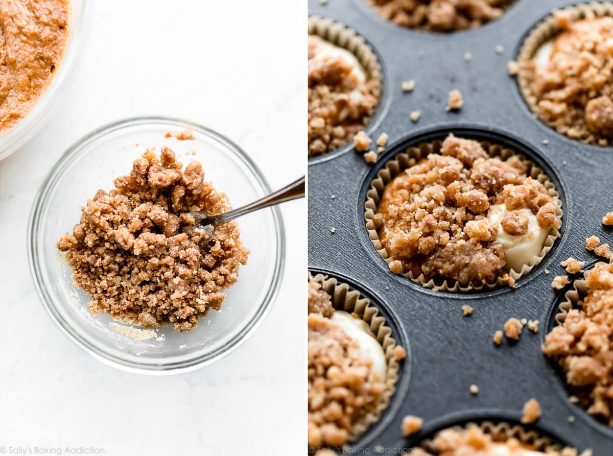 2 images of crumb cake topping in a bowl and sprinkled onto pumpkin cheesecake muffins