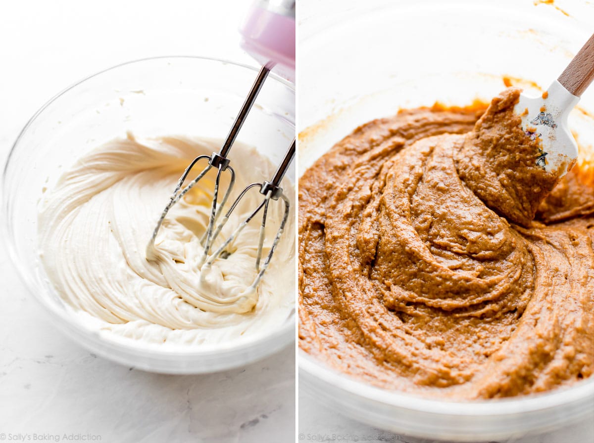 2 images of batter for pumpkin cheesecake muffins
