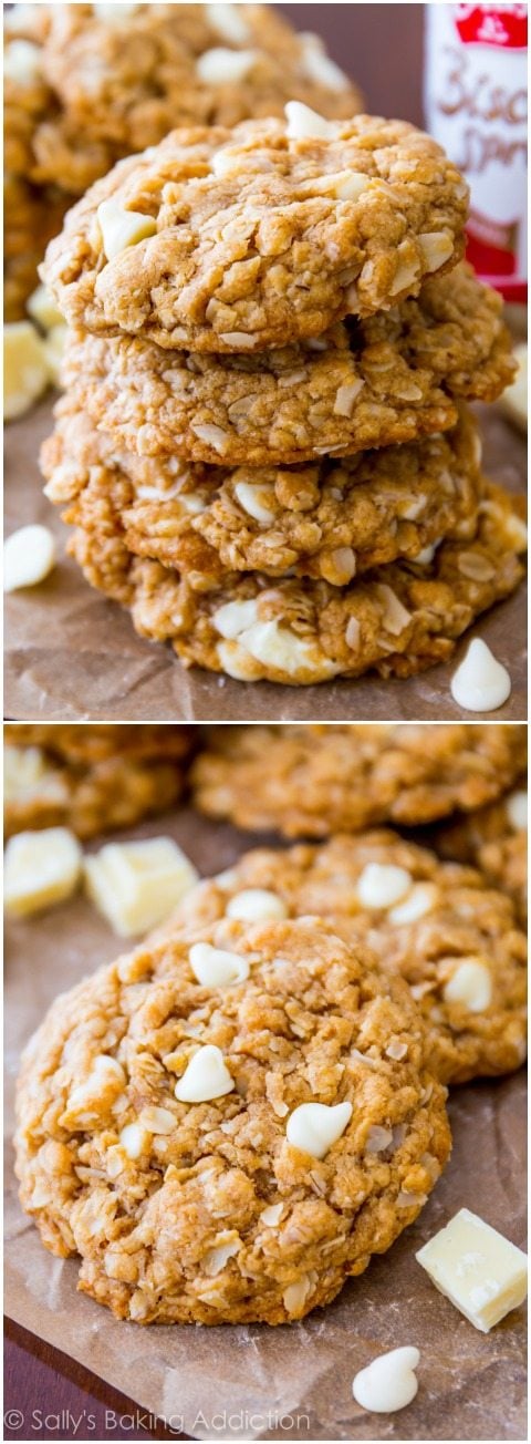 2 images of Biscoff white chocolate oatmeal cookies