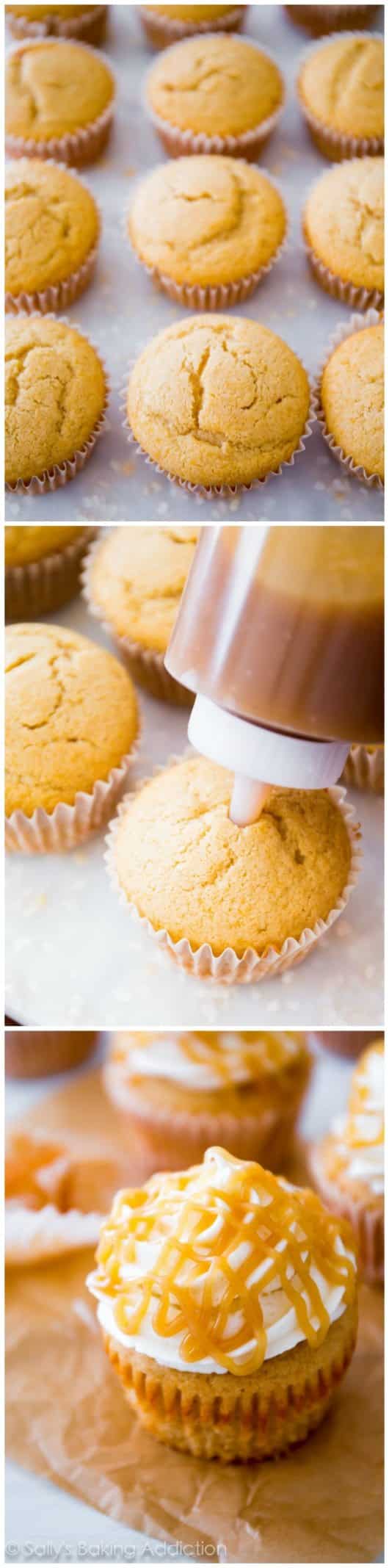 3 images showing how to make butterscotch filled brown sugar cupcakes