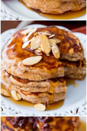 3 images of stacks of whole wheat pancakes